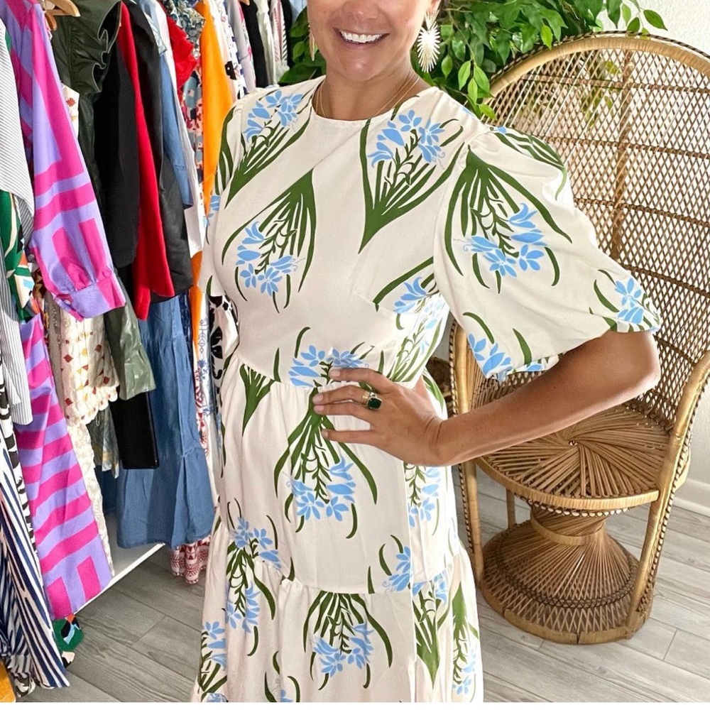 Cream Midi Dress with Blue Floral Print